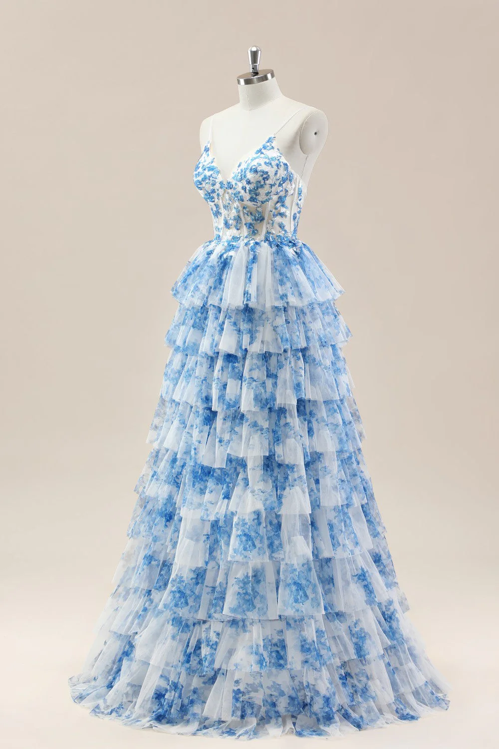 Blue Spaghetti Straps Lace-Up Prom Dress with Floral Tiered Tulle Skirt - Image 3