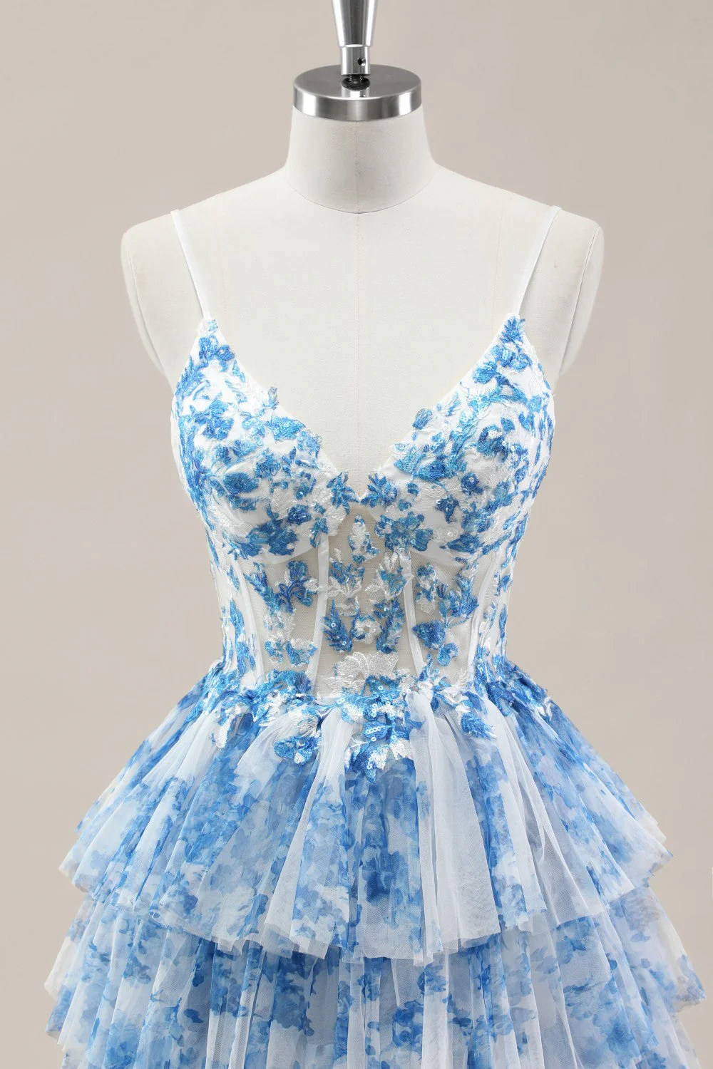 Blue Spaghetti Straps Lace-Up Prom Dress with Floral Tiered Tulle Skirt - Image 4