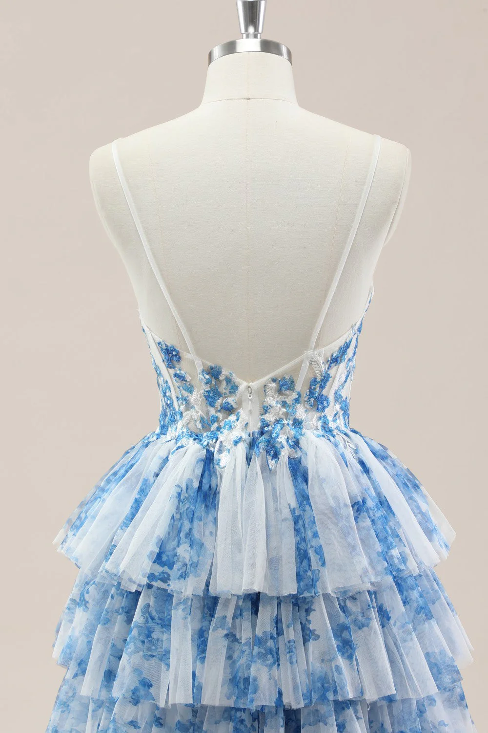 Blue Spaghetti Straps Lace-Up Prom Dress with Floral Tiered Tulle Skirt - Image 5