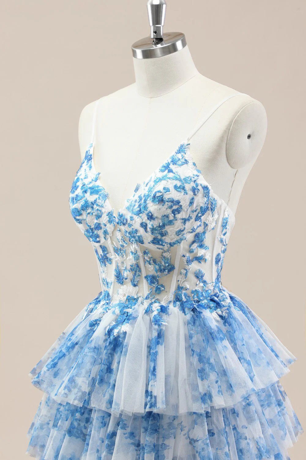 Blue Spaghetti Straps Lace-Up Prom Dress with Floral Tiered Tulle Skirt - Image 6