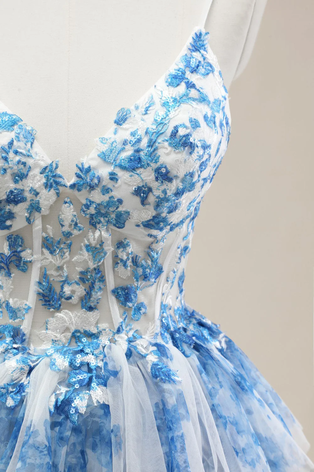 Blue Spaghetti Straps Lace-Up Prom Dress with Floral Tiered Tulle Skirt - Image 8