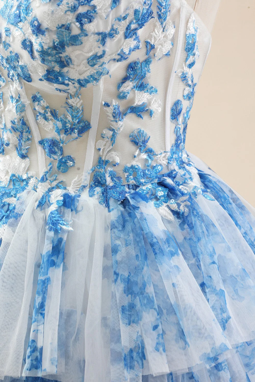 Blue Spaghetti Straps Lace-Up Prom Dress with Floral Tiered Tulle Skirt - Image 9