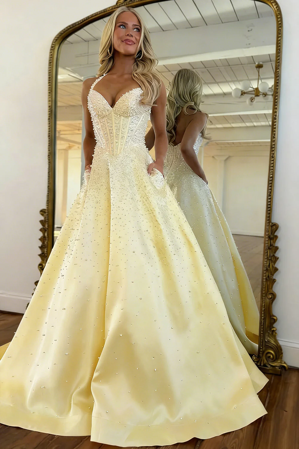 Blush Corset Pearl Ball Gown Prom Dress with Beaded Bodice & Full Skirt - Image 2