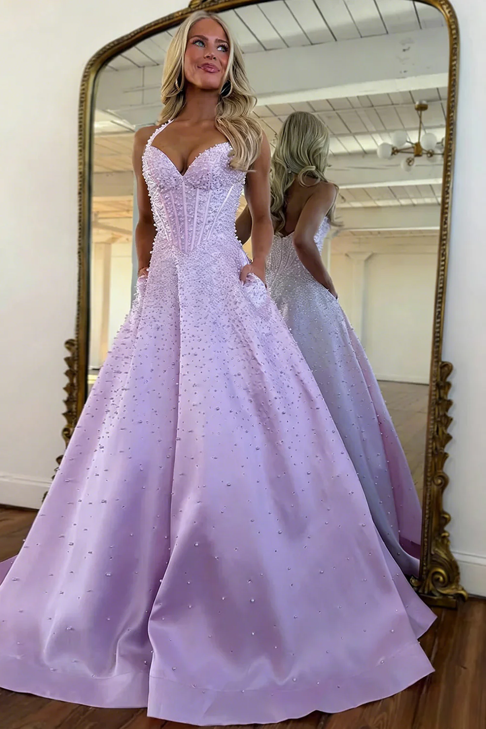 Blush Corset Pearl Ball Gown Prom Dress with Beaded Bodice & Full Skirt - Image 4