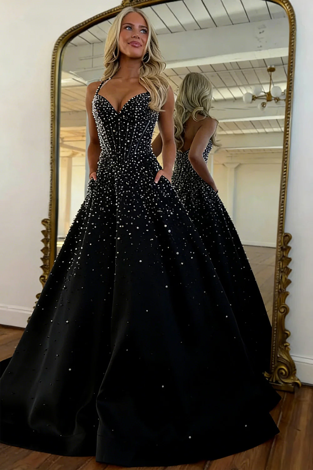Blush Corset Pearl Ball Gown Prom Dress with Beaded Bodice & Full Skirt - Image 5