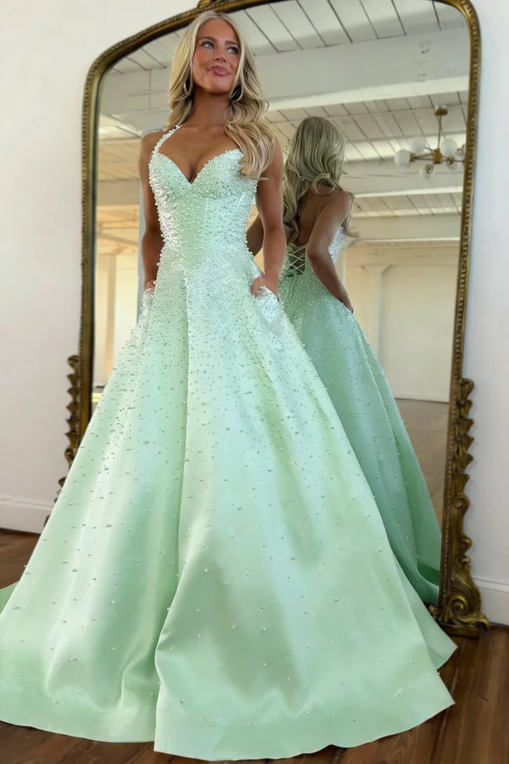 Blush Corset Pearl Ball Gown Prom Dress with Beaded Bodice & Full Skirt - Image 6