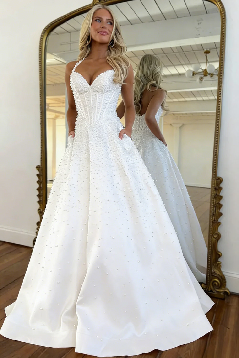 Blush Corset Pearl Ball Gown Prom Dress with Beaded Bodice & Full Skirt - Image 7