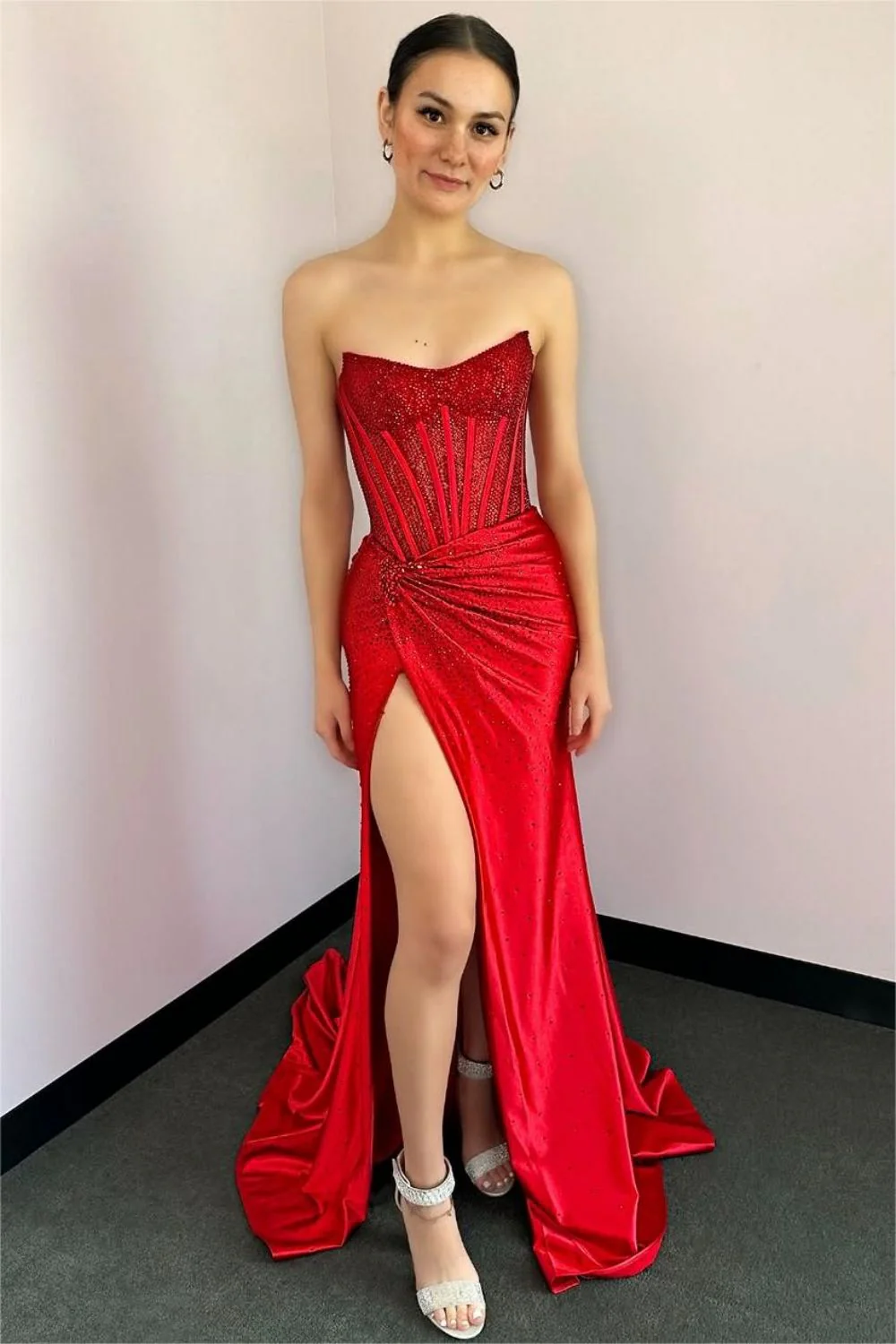Gorgeous Sparkly Mermaid Strapless Long Beaded Prom Dress with Leg Slit - Image 10
