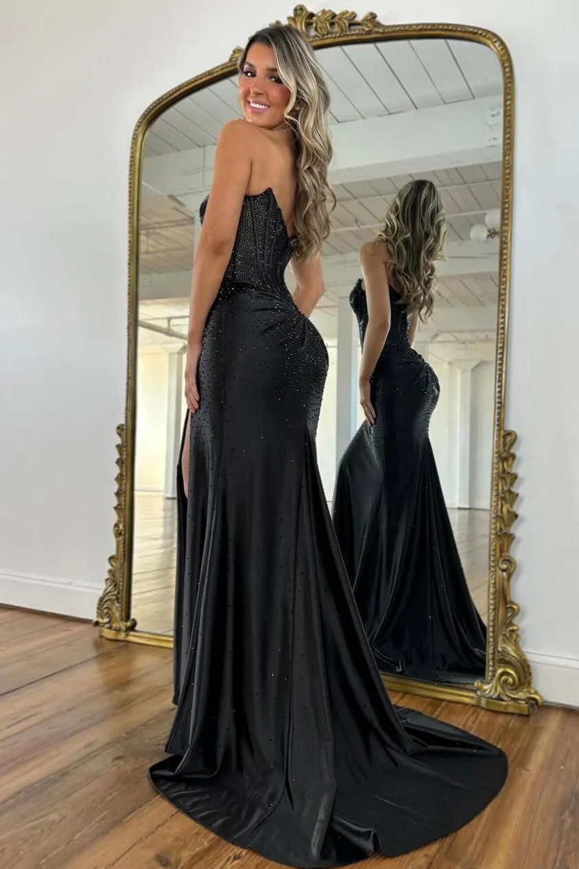 Blush Pink Crystal Beaded Strapless Prom Gown with Corset Bodice & Slit - Image 10