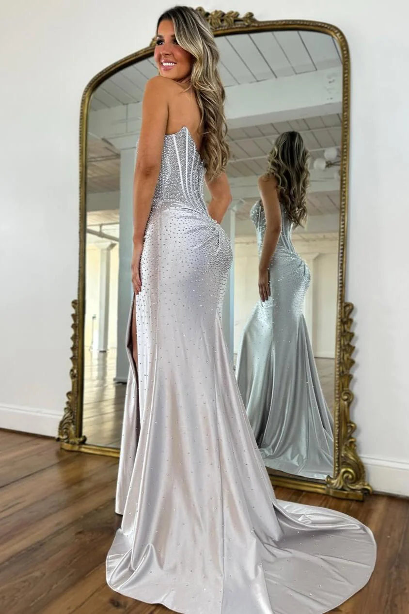 Blush Pink Crystal Beaded Strapless Prom Gown with Corset Bodice & Slit - Image 14