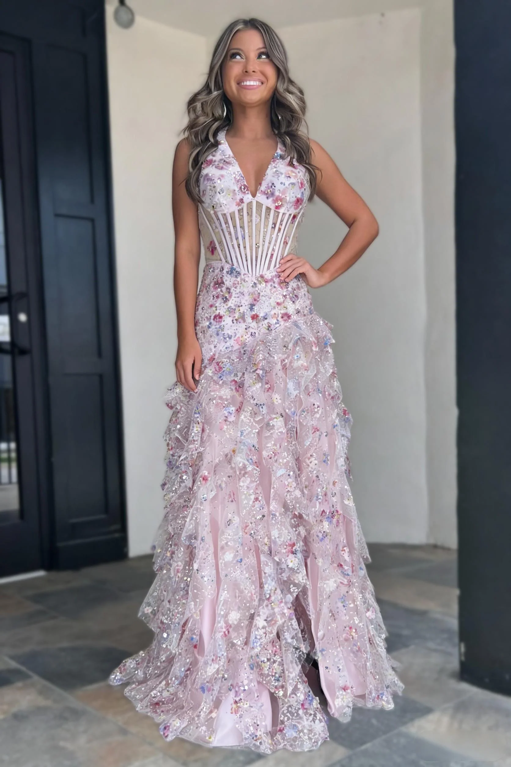 Blush Pink Floral Appliqué Halter Neck Ruffle Prom Gown with Corset Bodice