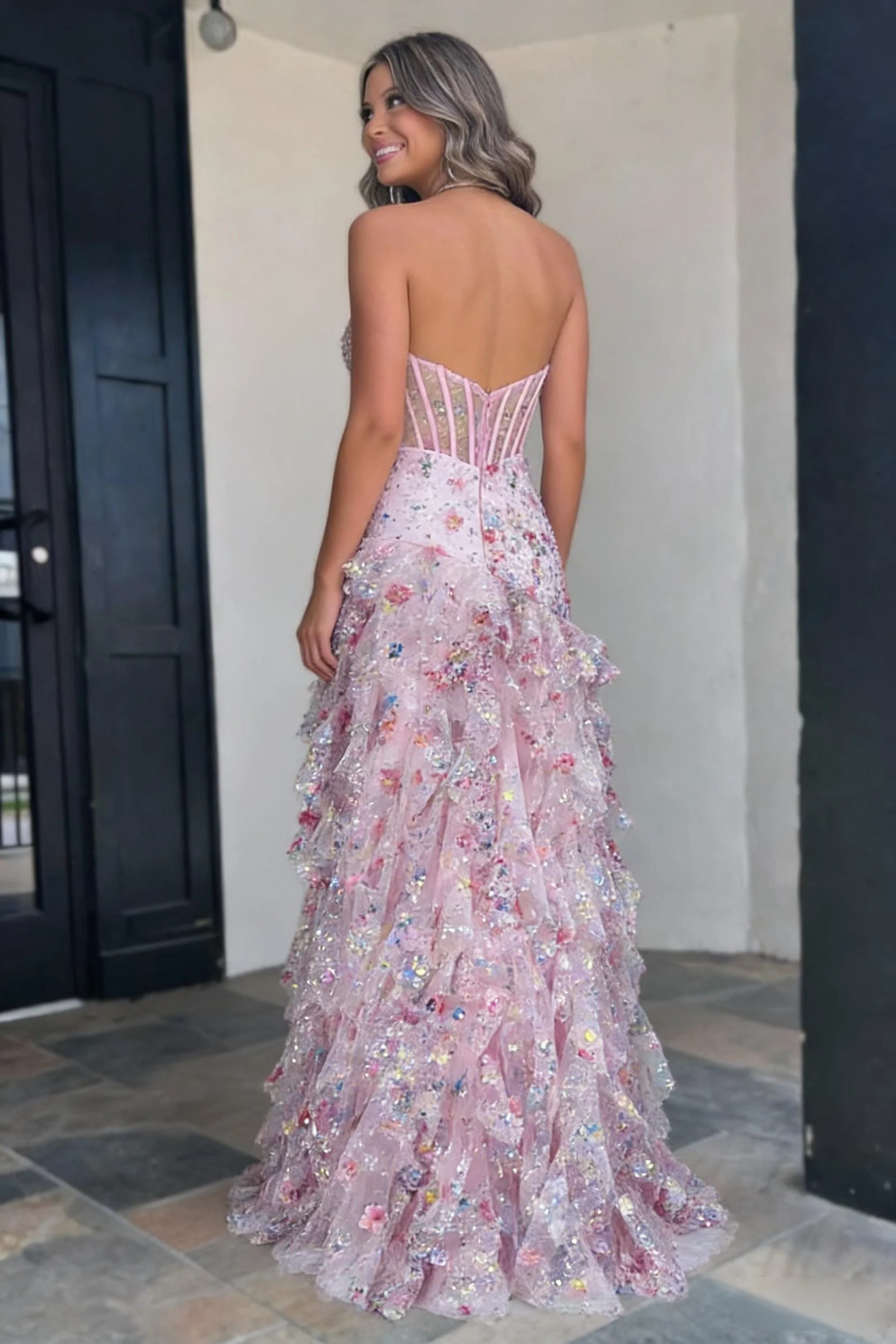 Blush Pink Floral Appliqué Halter Neck Ruffle Prom Gown with Corset Bodice - Image 2