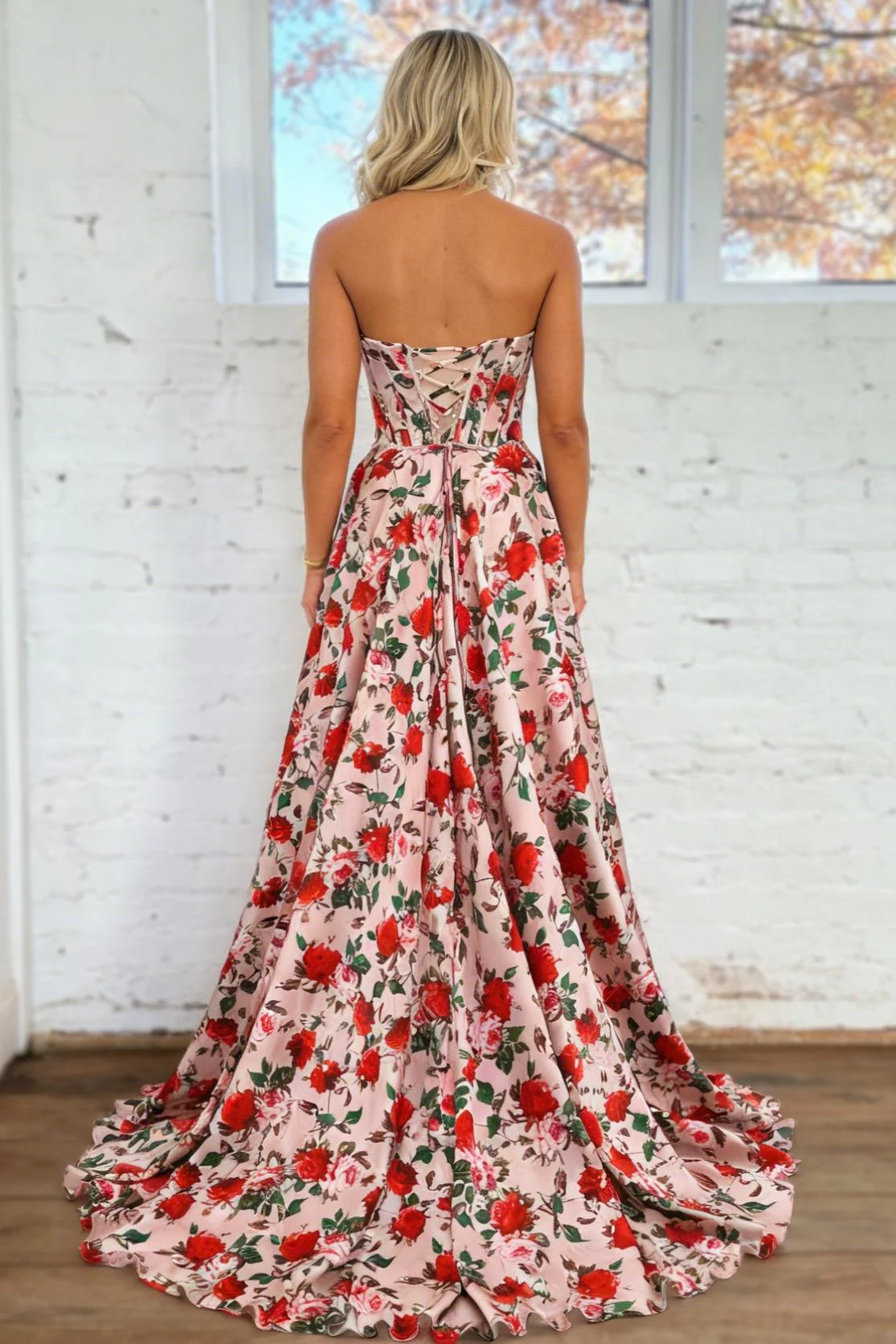 Blush Pink Floral Strapless Corset A-Line Prom Dress with Lace Up Back - Image 2