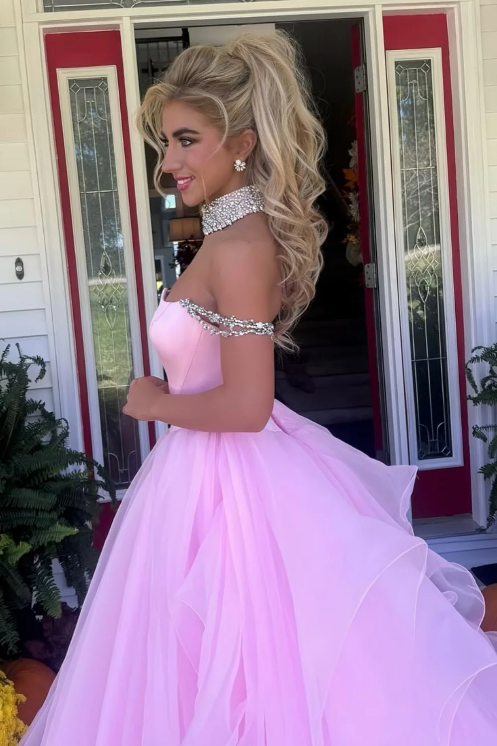 Blush Pink Off-the-Shoulder Ball Gown with Crystal Embellishments - Image 2