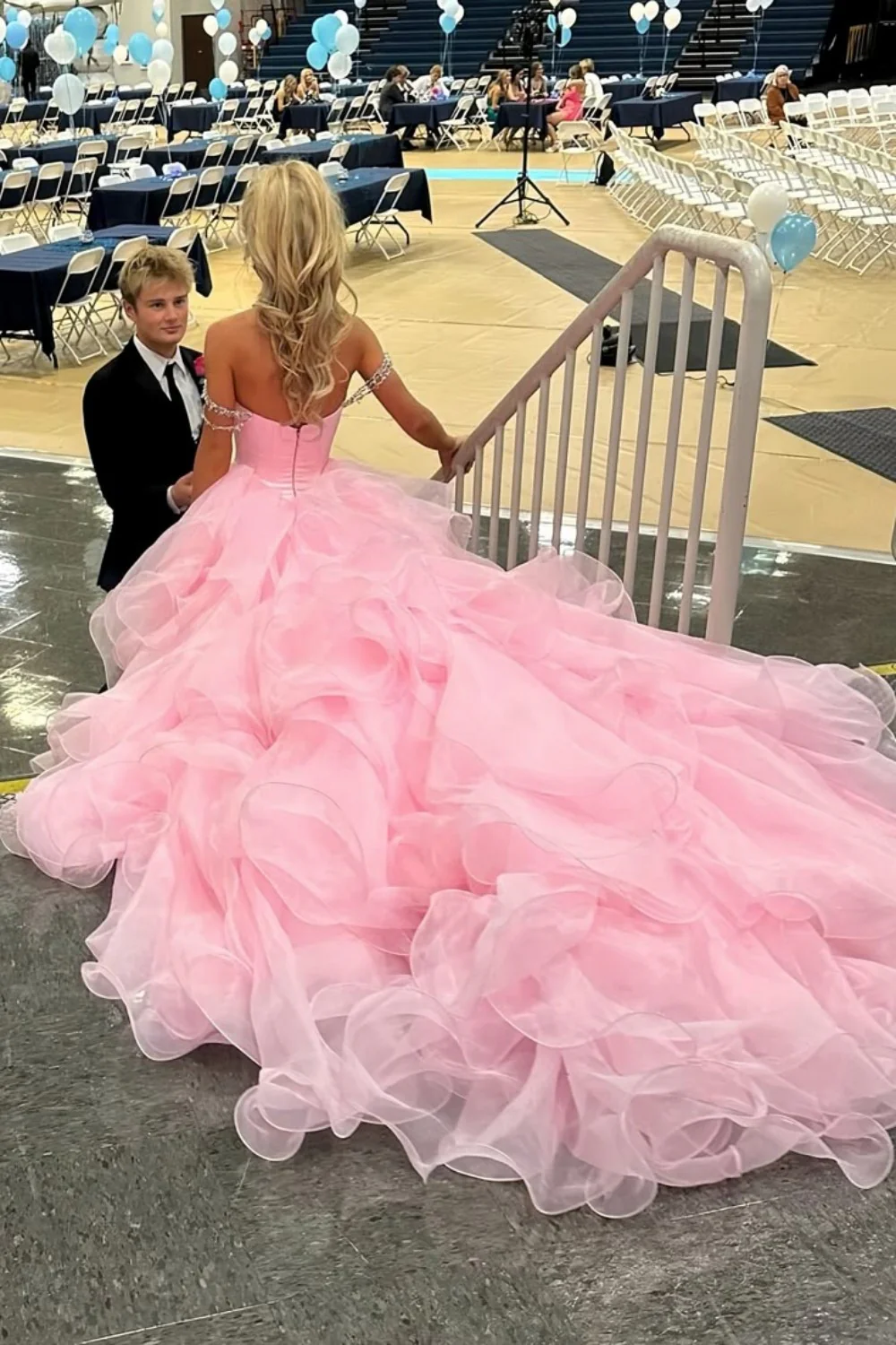 Blush Pink Off-the-Shoulder Ball Gown with Crystal Embellishments - Image 3