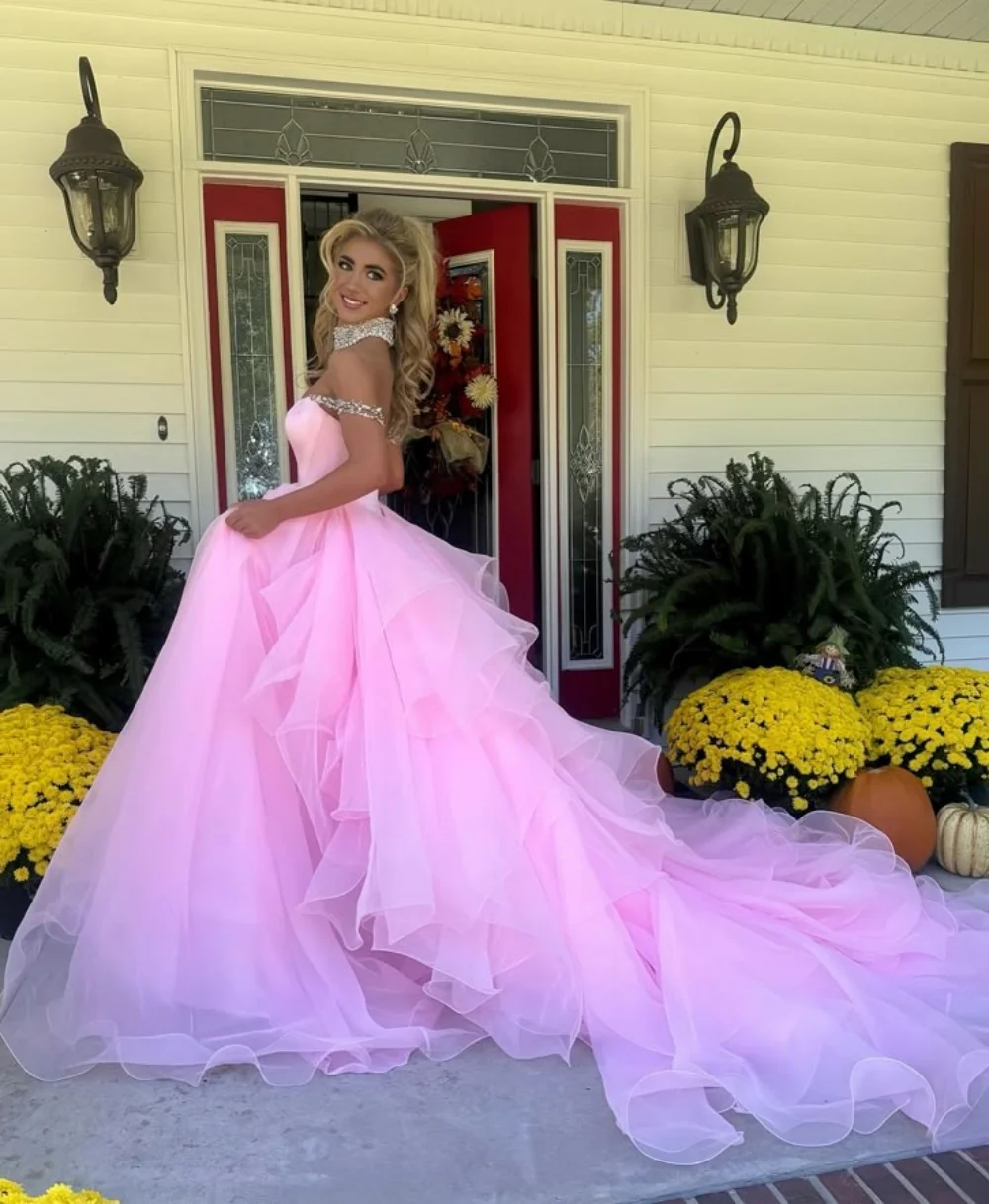 Blush Pink Off-the-Shoulder Ball Gown with Crystal Embellishments - Image 5