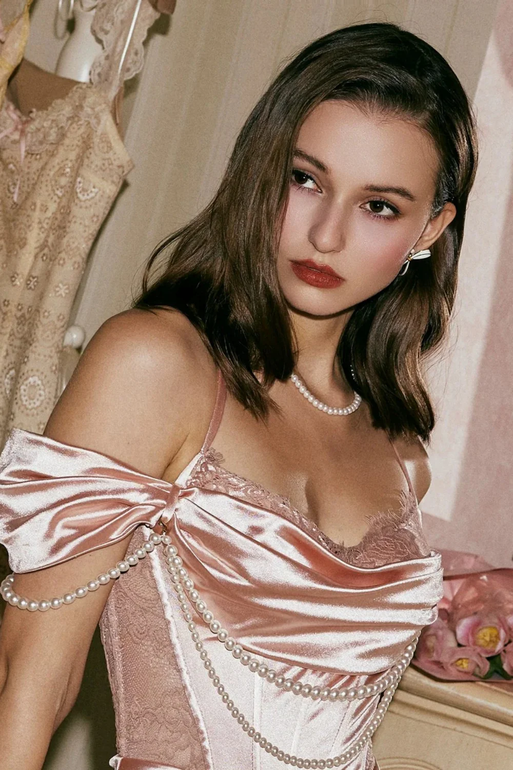 Blush Pink Off-the-Shoulder Satin Corset Prom Dress with Pearl Draping - Image 6