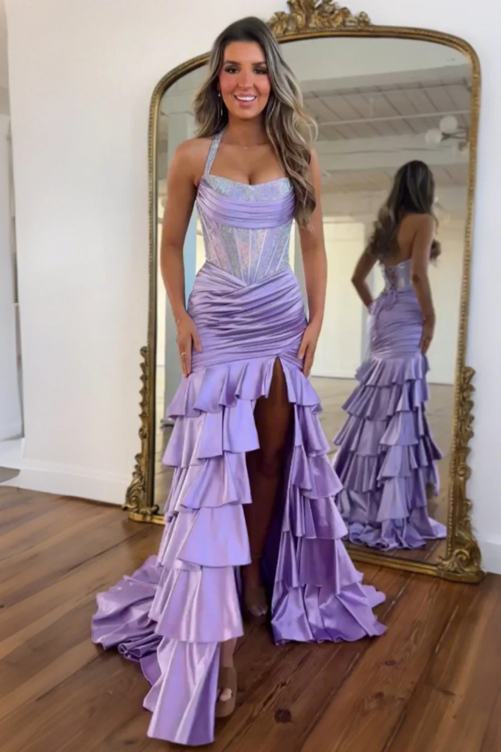 Blush Pink Ruffle Mermaid Halter Prom Dress with Corset Bodice and Beading - Image 4