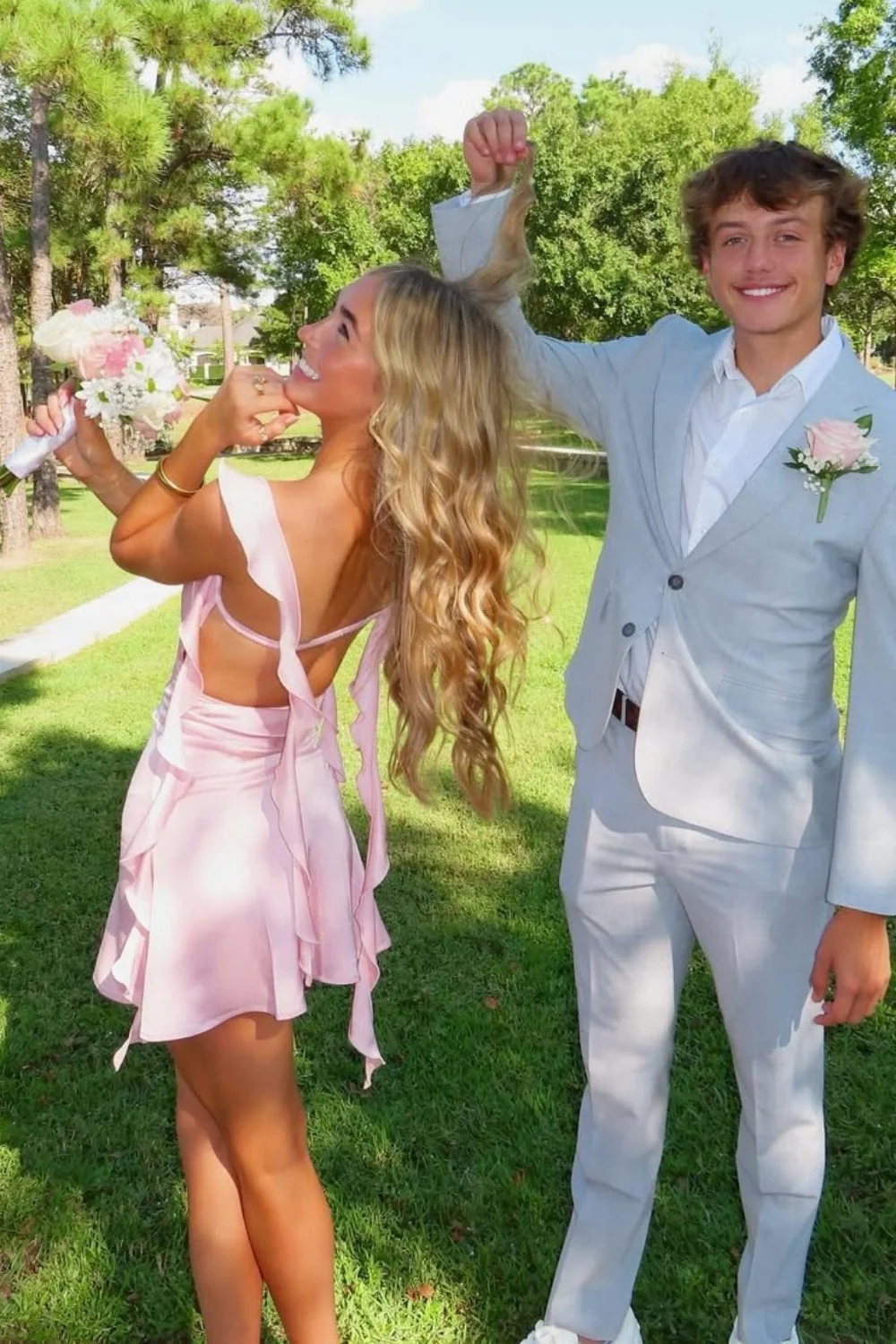 Blush Pink Ruffle Strap Mini Homecoming Dress with Side Cutouts - Image 2