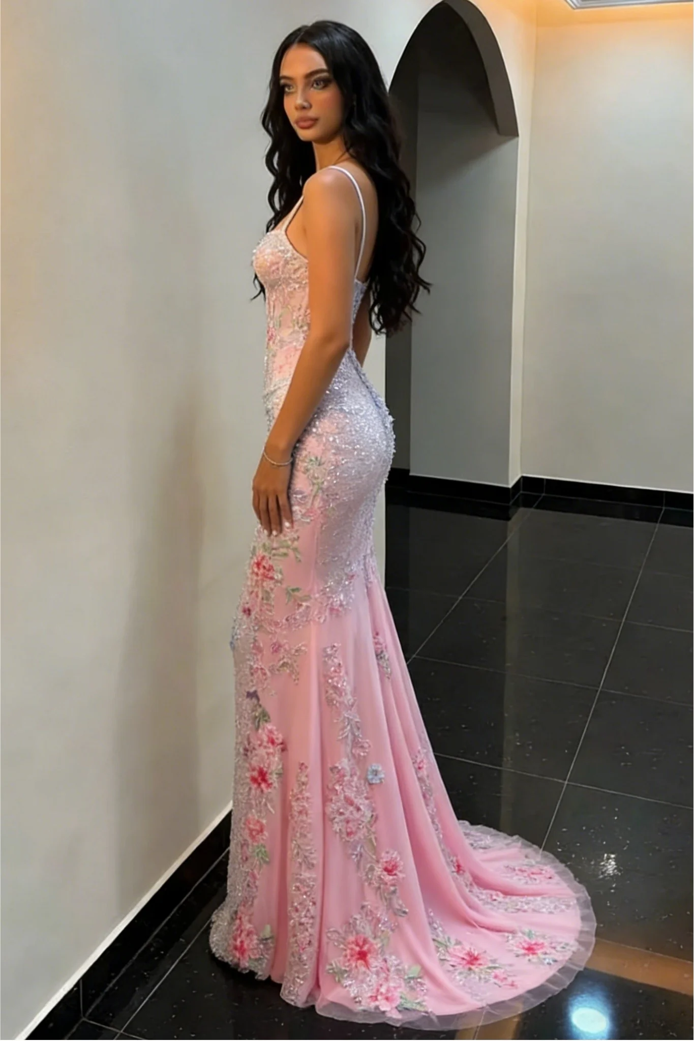 Blush Pink Sparkly Floral Beaded Spaghetti Straps Mermaid Prom Dress - Image 3
