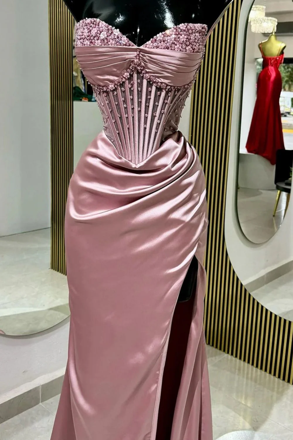 Blush Pink Strapless Beaded Corset Satin Mermaid Prom Dress with High Slit - Image 3