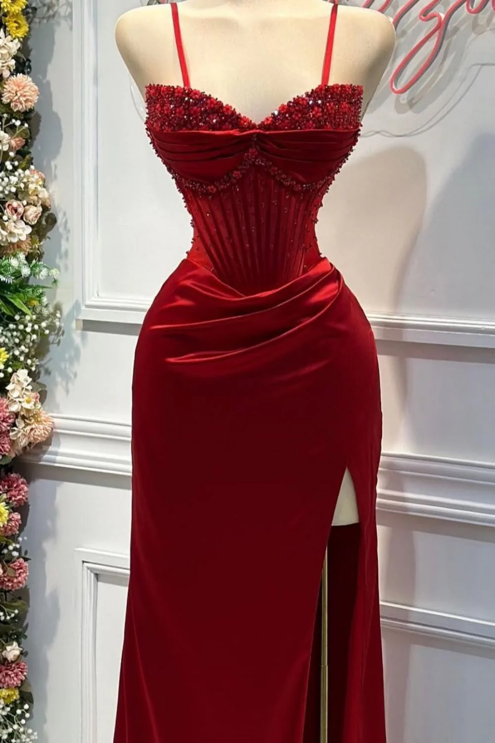 Blush Pink Strapless Beaded Corset Satin Mermaid Prom Dress with High Slit - Image 4