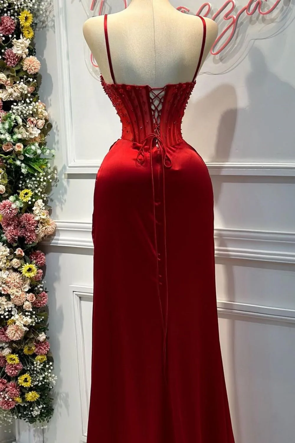 Blush Pink Strapless Beaded Corset Satin Mermaid Prom Dress with High Slit - Image 5