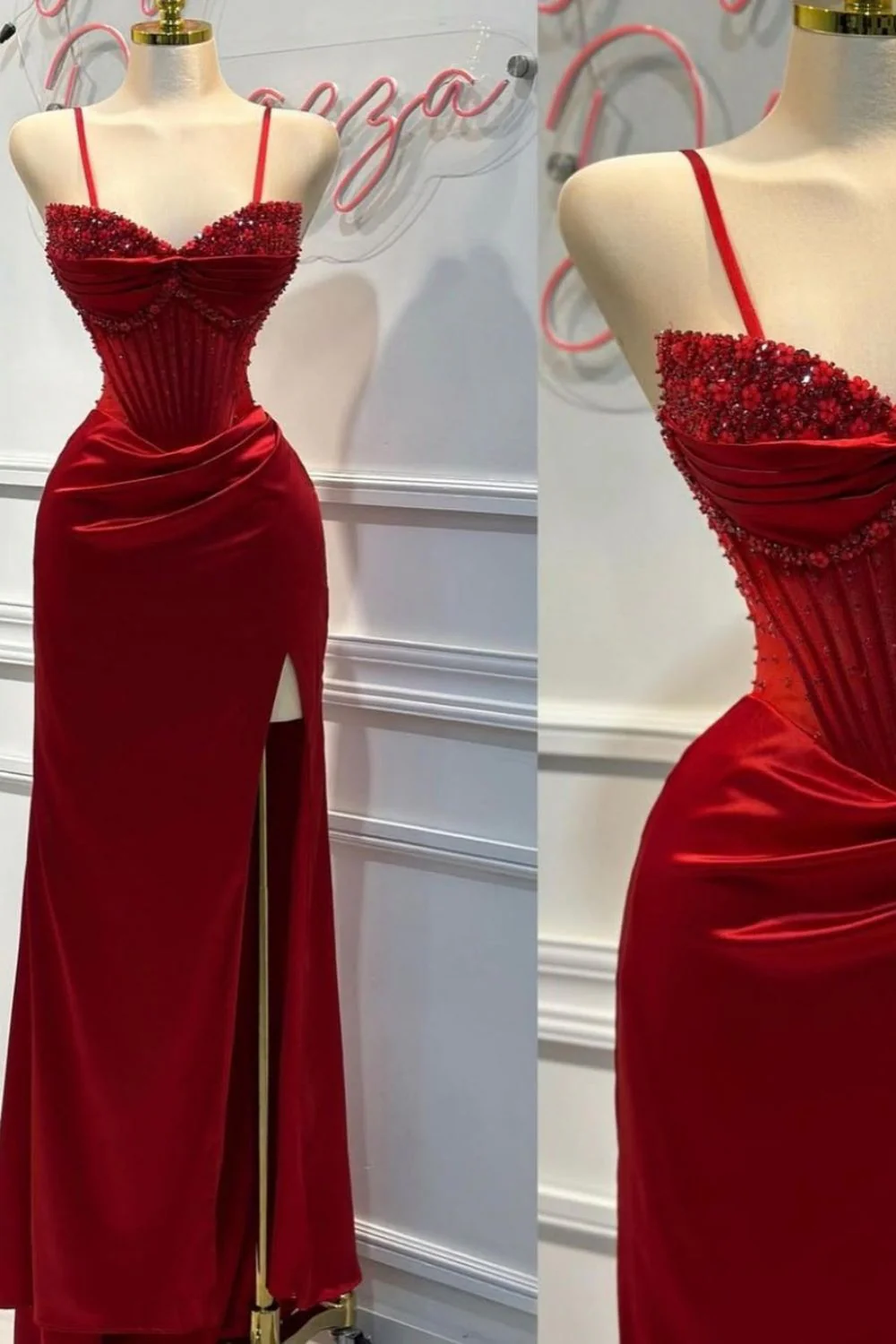 Blush Pink Strapless Beaded Corset Satin Mermaid Prom Dress with High Slit - Image 6