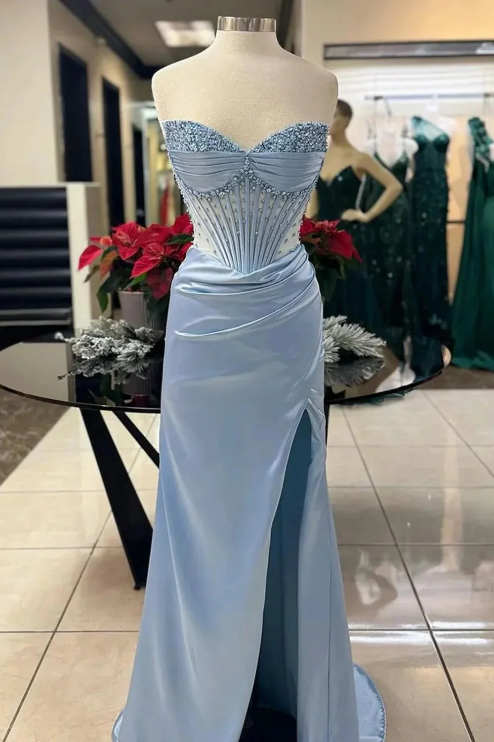 Blush Pink Strapless Beaded Corset Satin Mermaid Prom Dress with High Slit - Image 8