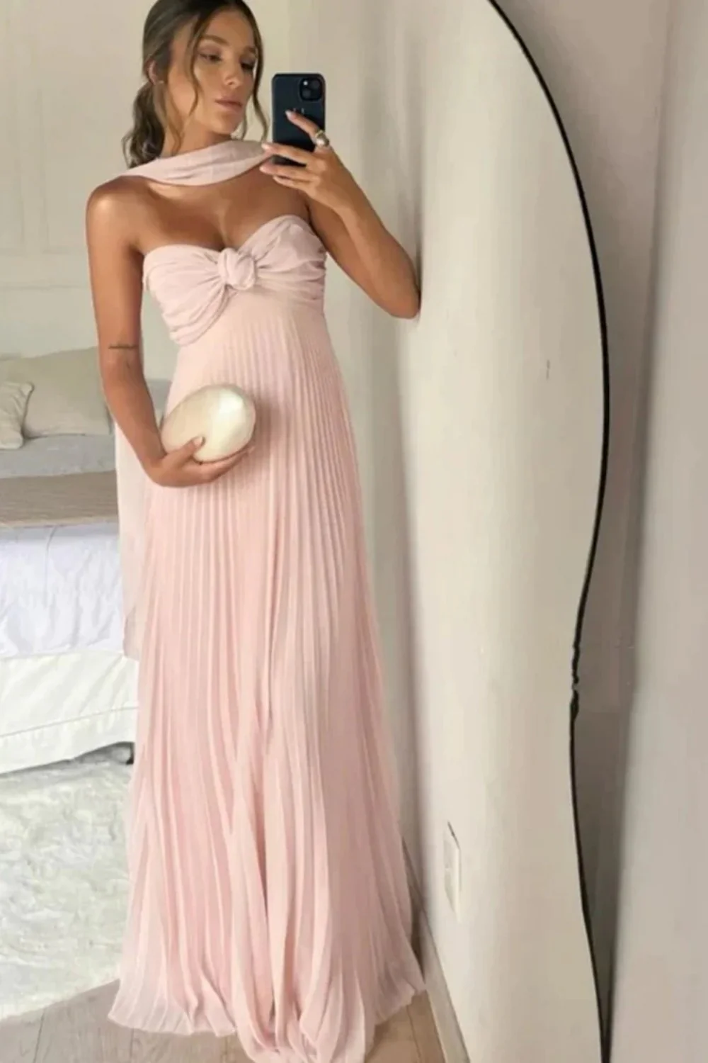 Blush Pink Strapless Knotted Bodice Pleated Maxi Prom Dress - Image 2