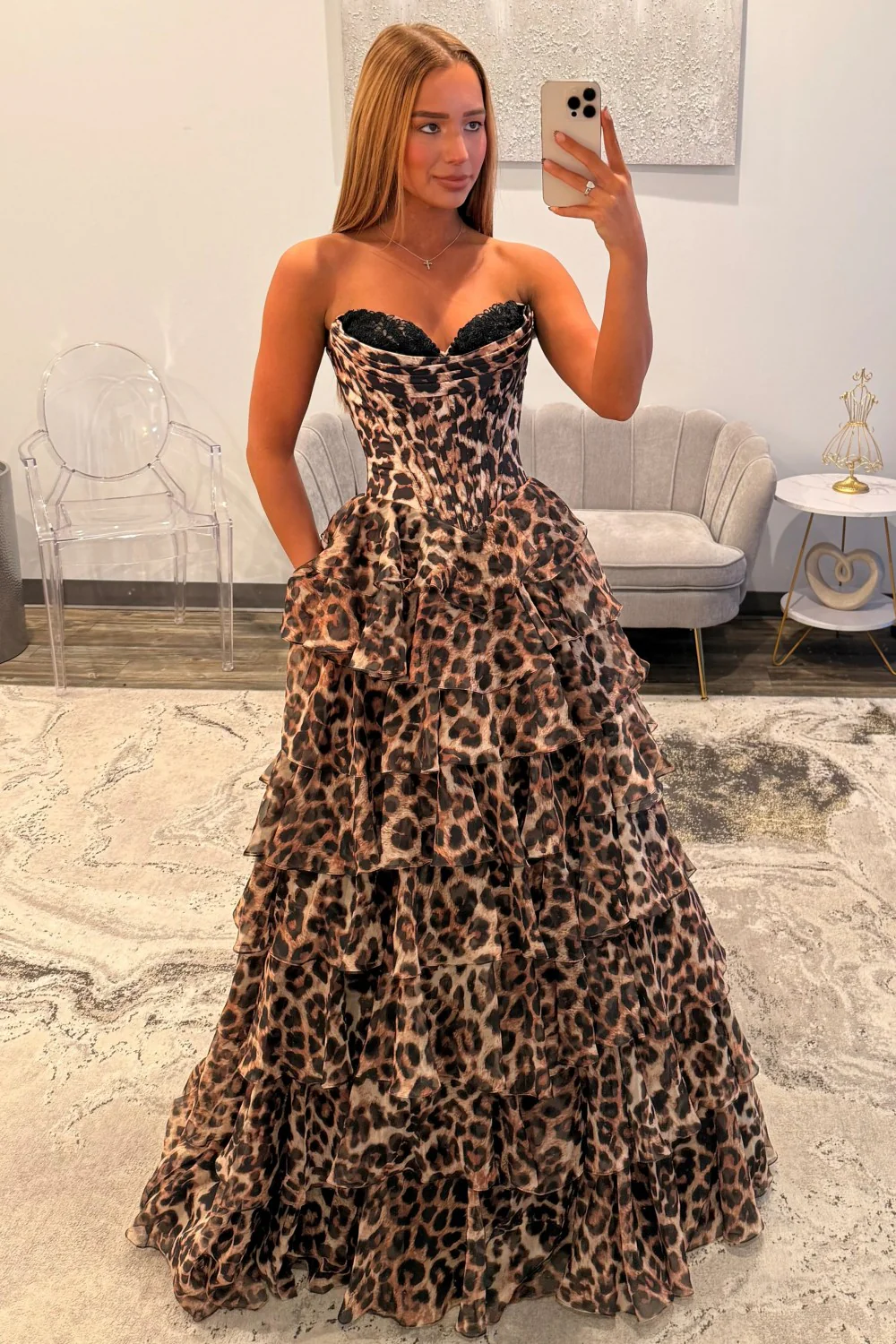 Bold Leopard Sweetheart Corset Prom Dress with Layered Ruffle Skirt - Image 6