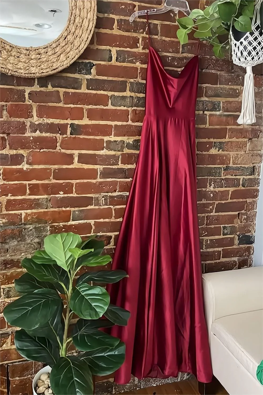 Burgundy A-Line Satin Prom Dress with Spaghetti Straps and Slit - Image 2
