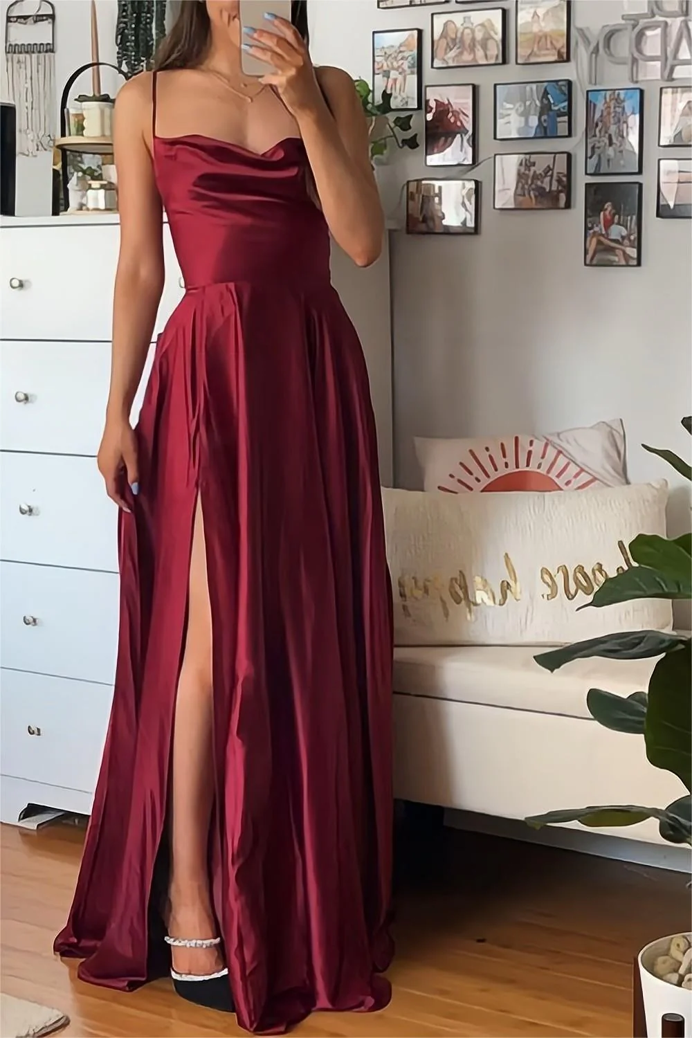 Burgundy A-Line Satin Prom Dress with Spaghetti Straps and Slit - Image 3