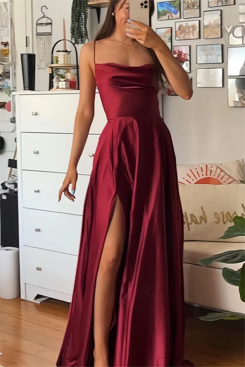 Burgundy A-Line Satin Prom Dress with Spaghetti Straps and Slit - Image 4