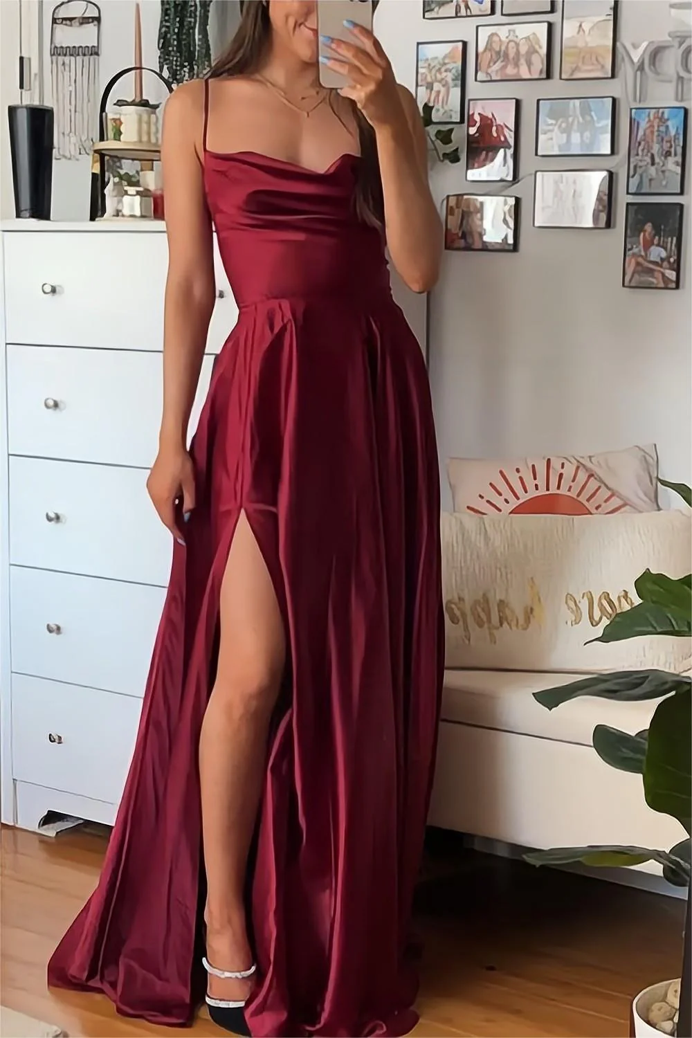 Burgundy A-Line Satin Prom Dress with Spaghetti Straps and Slit - Image 5