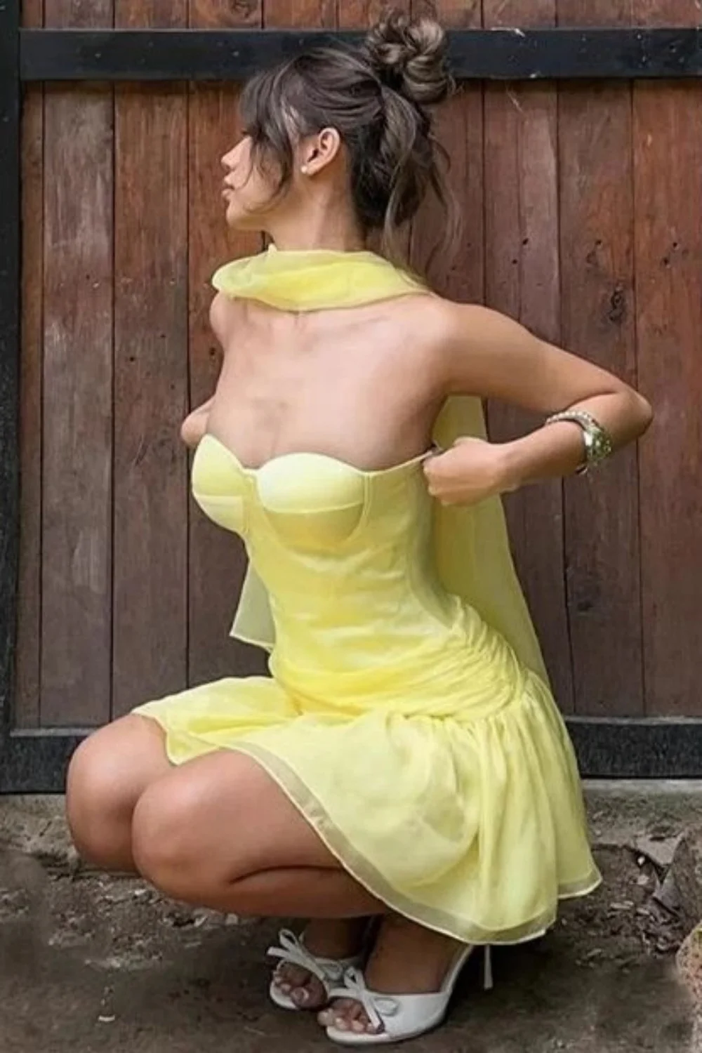 Butter Yellow Strapless Organza Homecoming Dress with Scarf Structured Cups - Image 3