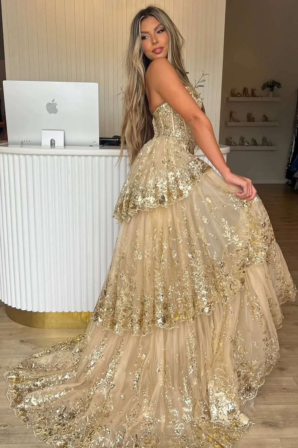 Gold Sequin Train Sweetheart A-Line Lace Long Prom Dress With Tiered Tulle Split - Image 2
