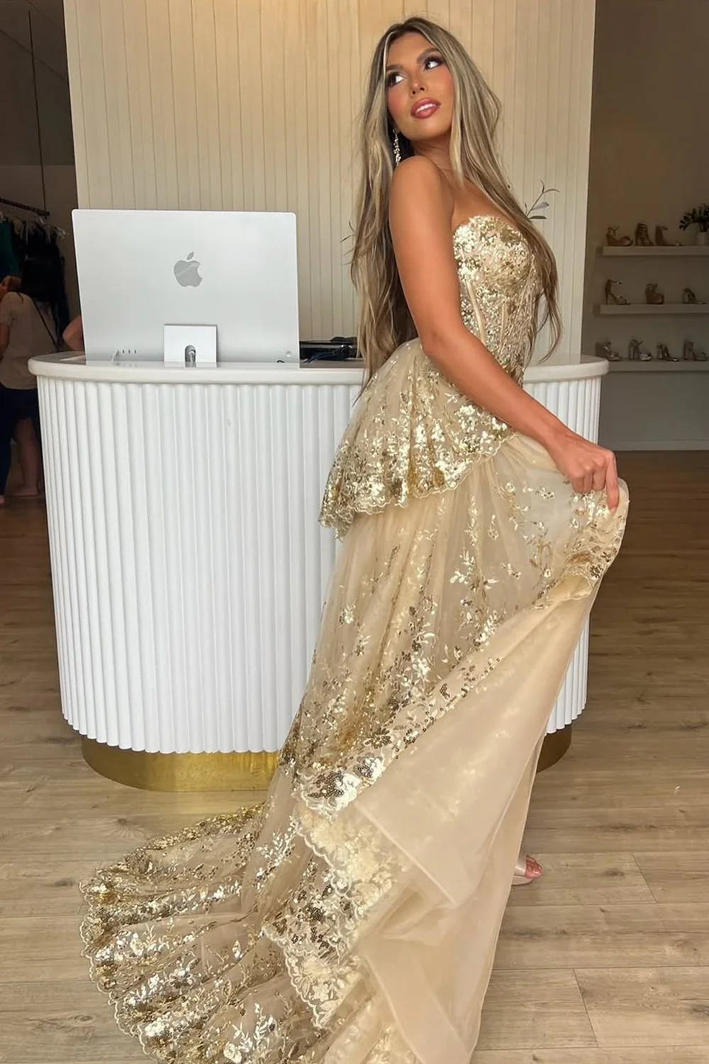 Gold Sequin Train Sweetheart A-Line Lace Long Prom Dress With Tiered Tulle Split - Image 4
