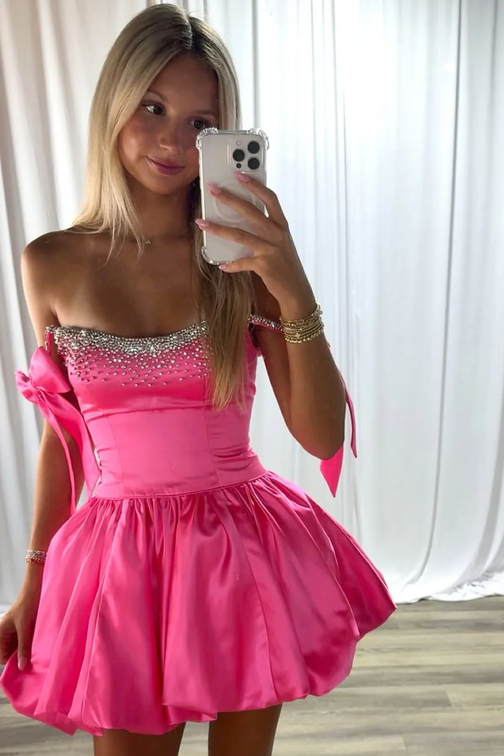 Charming A-Line Beaded Top Short Satin Homecoming Dress with Bowknots - Image 10