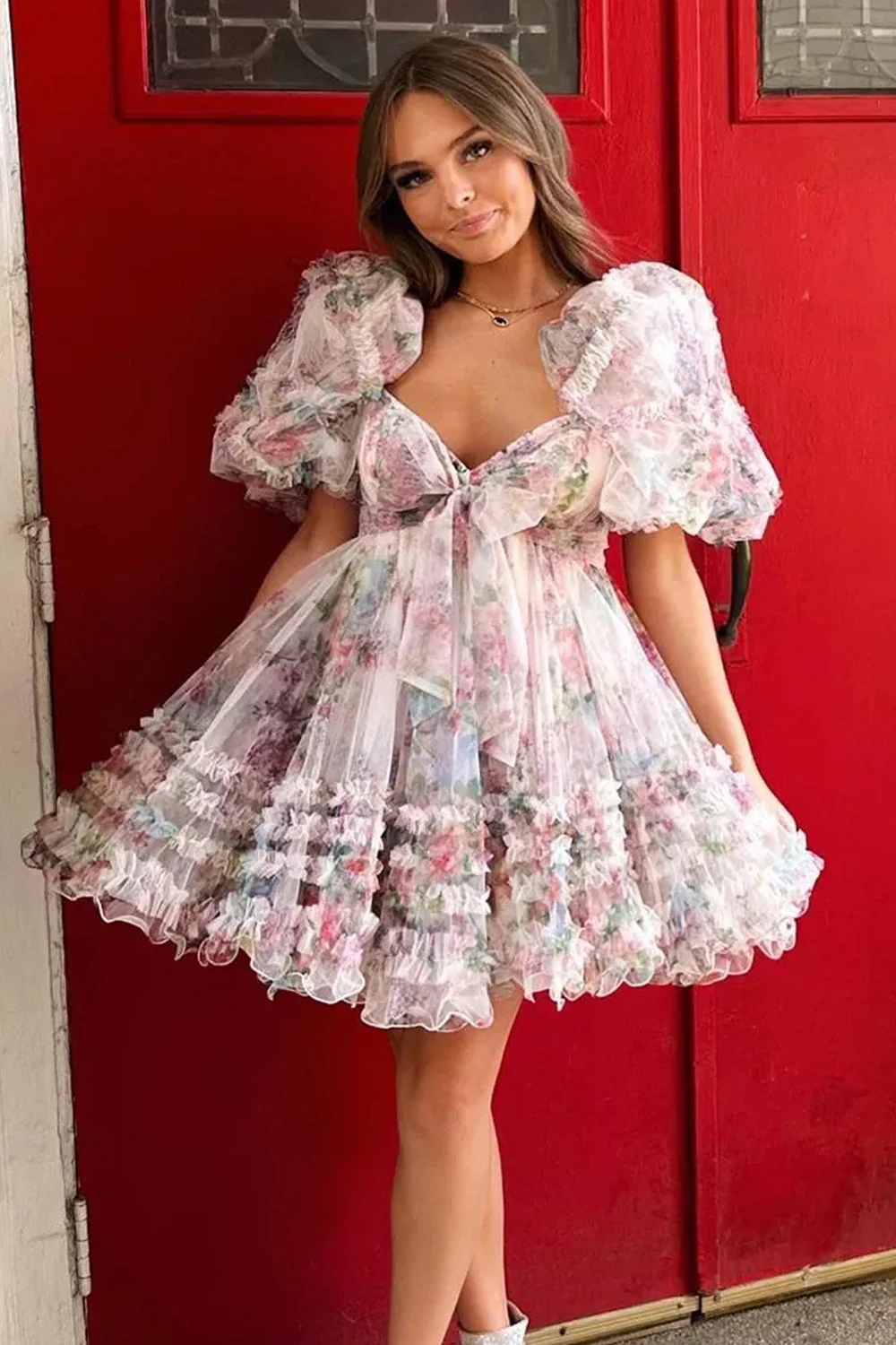 Charming A-Line Silhouette with Puff Sleeves and Floral Tulle Layers Homecoming Dress - Image 9