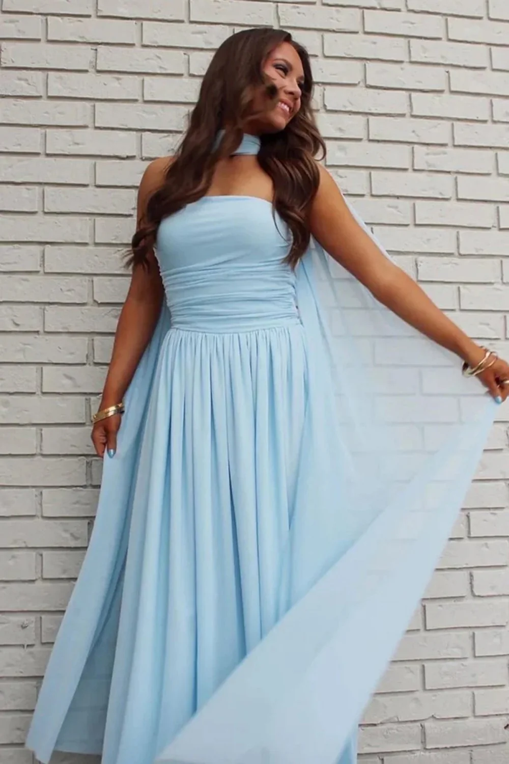 Charming A Line Strapless Blue Long Prom Dress with Scarf - Image 3