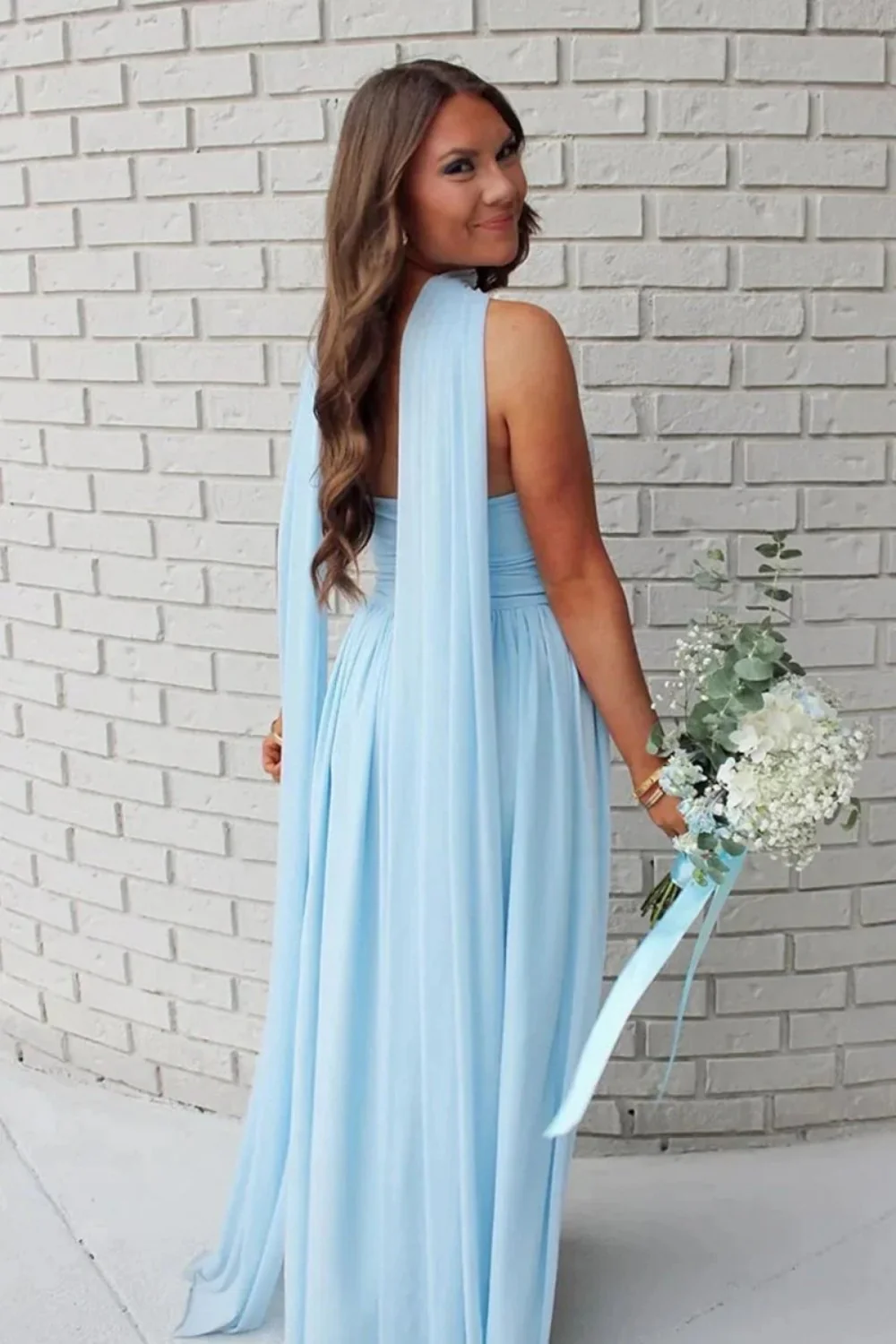 Charming A Line Strapless Blue Long Prom Dress with Scarf - Image 4