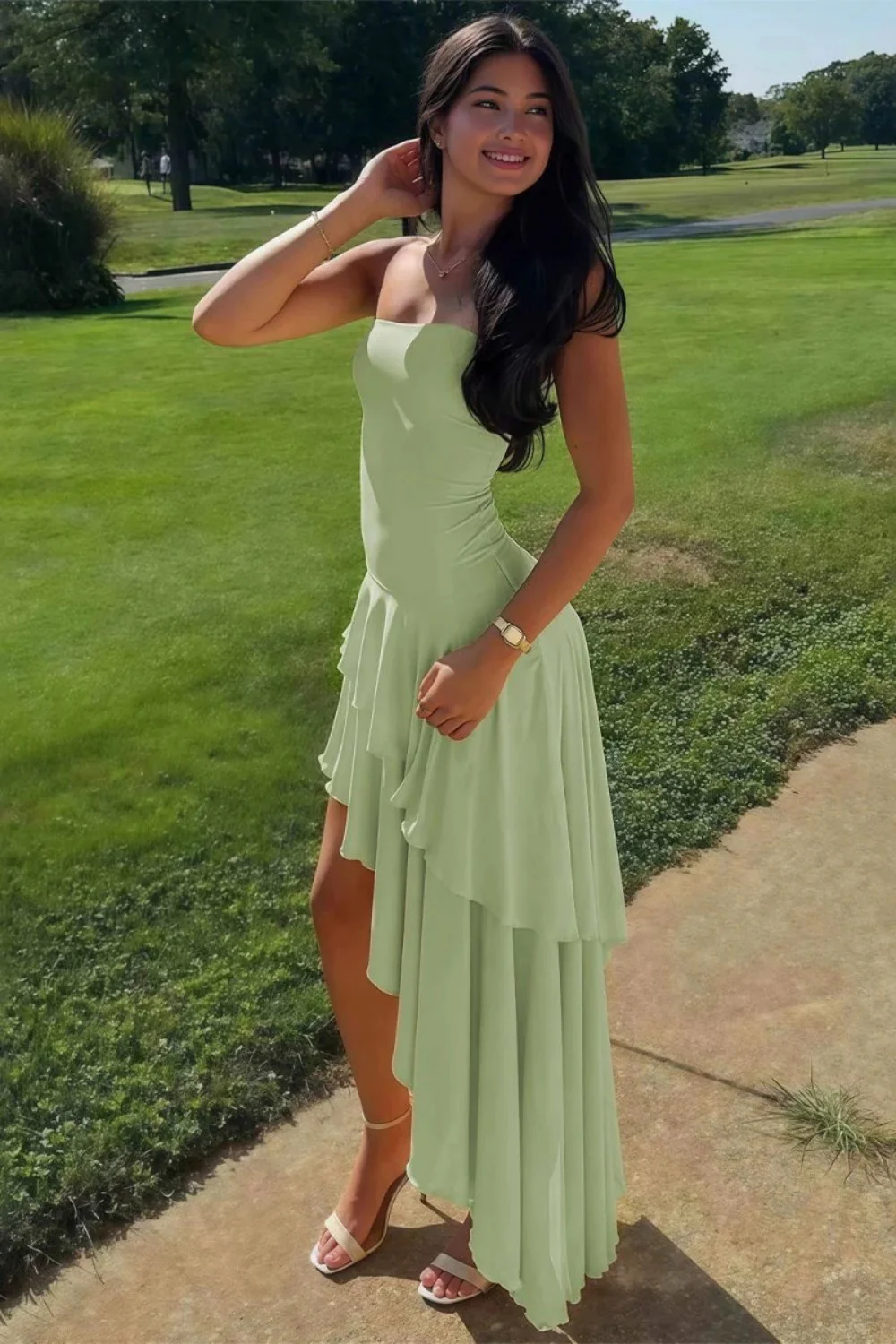 Charming Asymmetrical Strapless Blue Long Prom Dress with Ruffles - Image 10