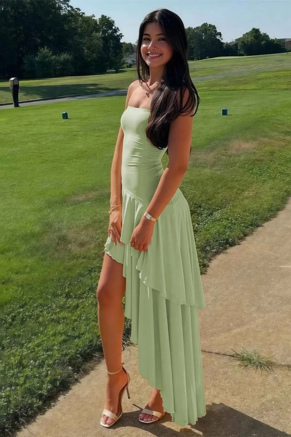 Charming Asymmetrical Strapless Blue Long Prom Dress with Ruffles - Image 11