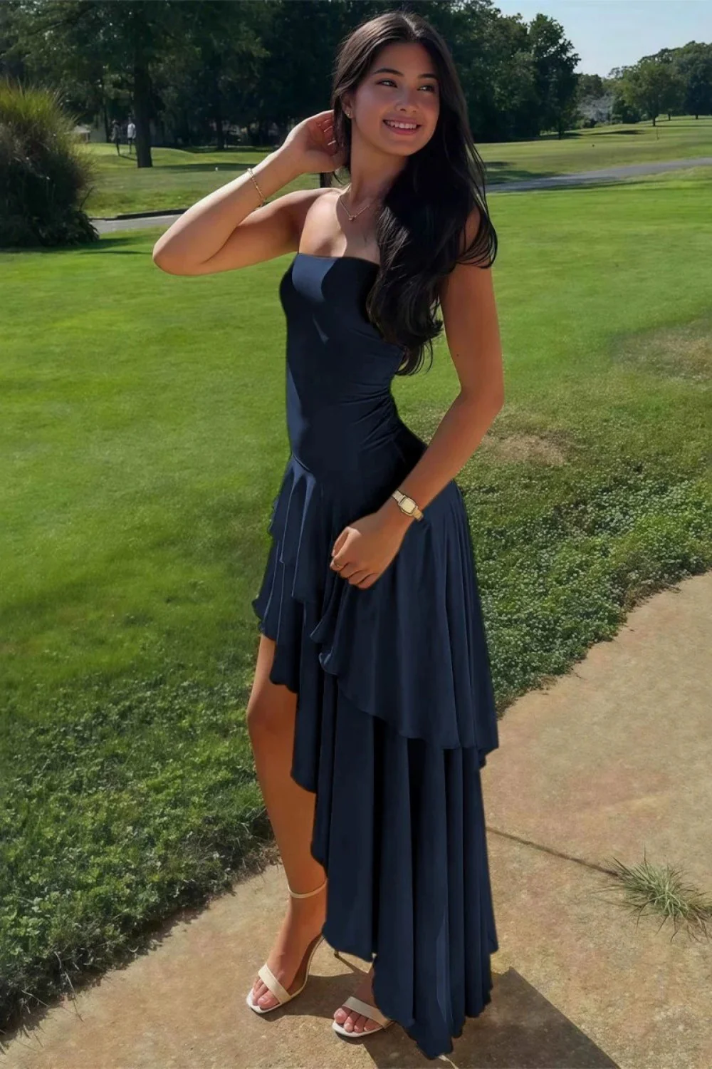 Charming Asymmetrical Strapless Blue Long Prom Dress with Ruffles - Image 12