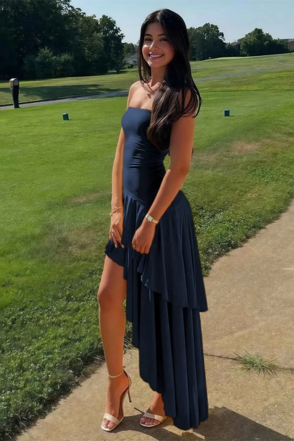 Charming Asymmetrical Strapless Blue Long Prom Dress with Ruffles - Image 13