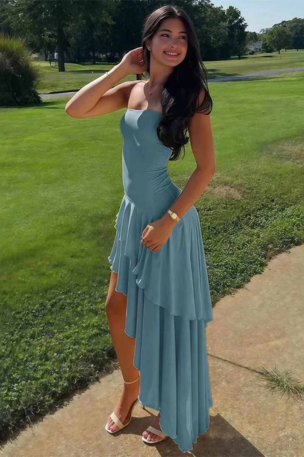 Charming Asymmetrical Strapless Blue Long Prom Dress with Ruffles - Image 14