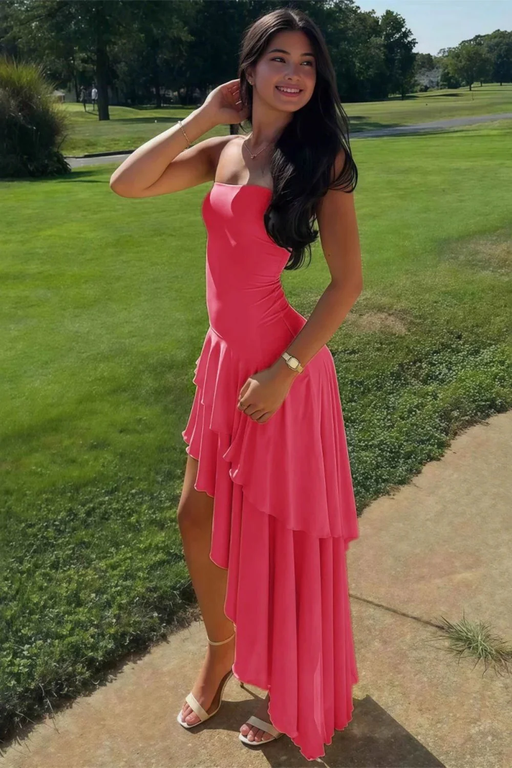 Charming Asymmetrical Strapless Blue Long Prom Dress with Ruffles - Image 16