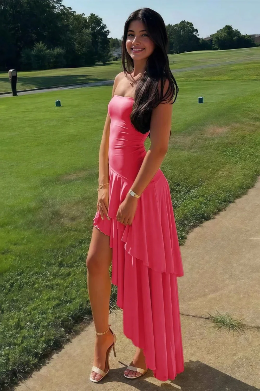 Charming Asymmetrical Strapless Blue Long Prom Dress with Ruffles - Image 17