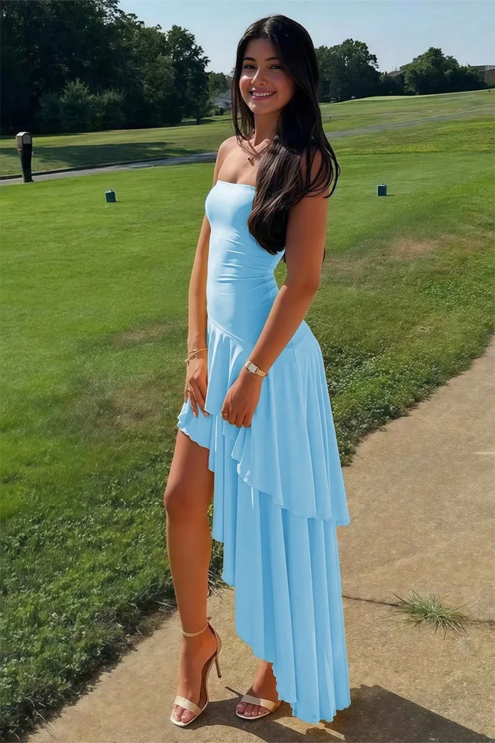 Charming Asymmetrical Strapless Blue Long Prom Dress with Ruffles - Image 3